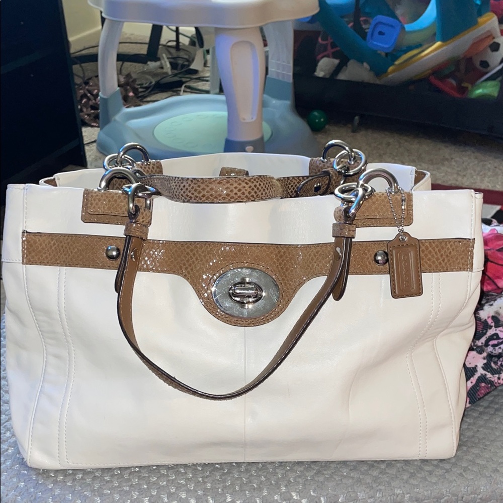 Coach Penelope Leather & Snake Skin Carryall Tote White and Brown Handbag